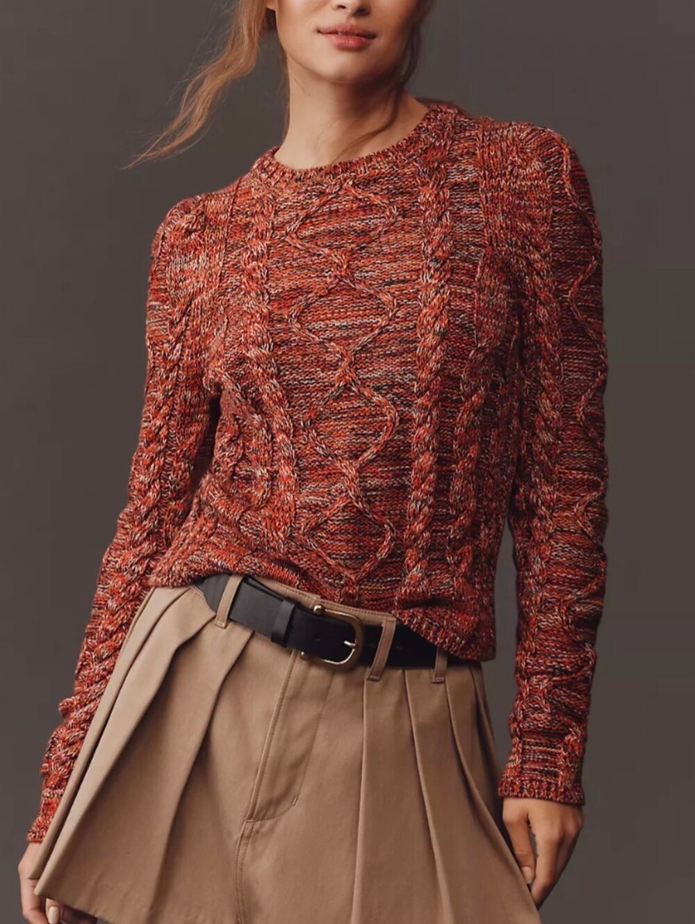 Anthropologie Maeve Cable-Knit Puff-Sleeve Sweater Red Pattern | Size XXS NWT